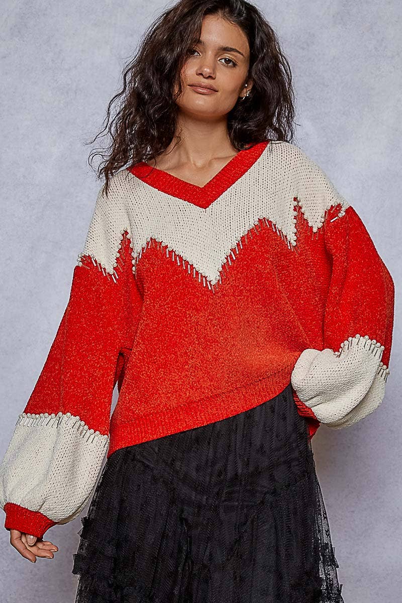 Balloon sleeve Colorblock trim Detail Chenille Sweater Top