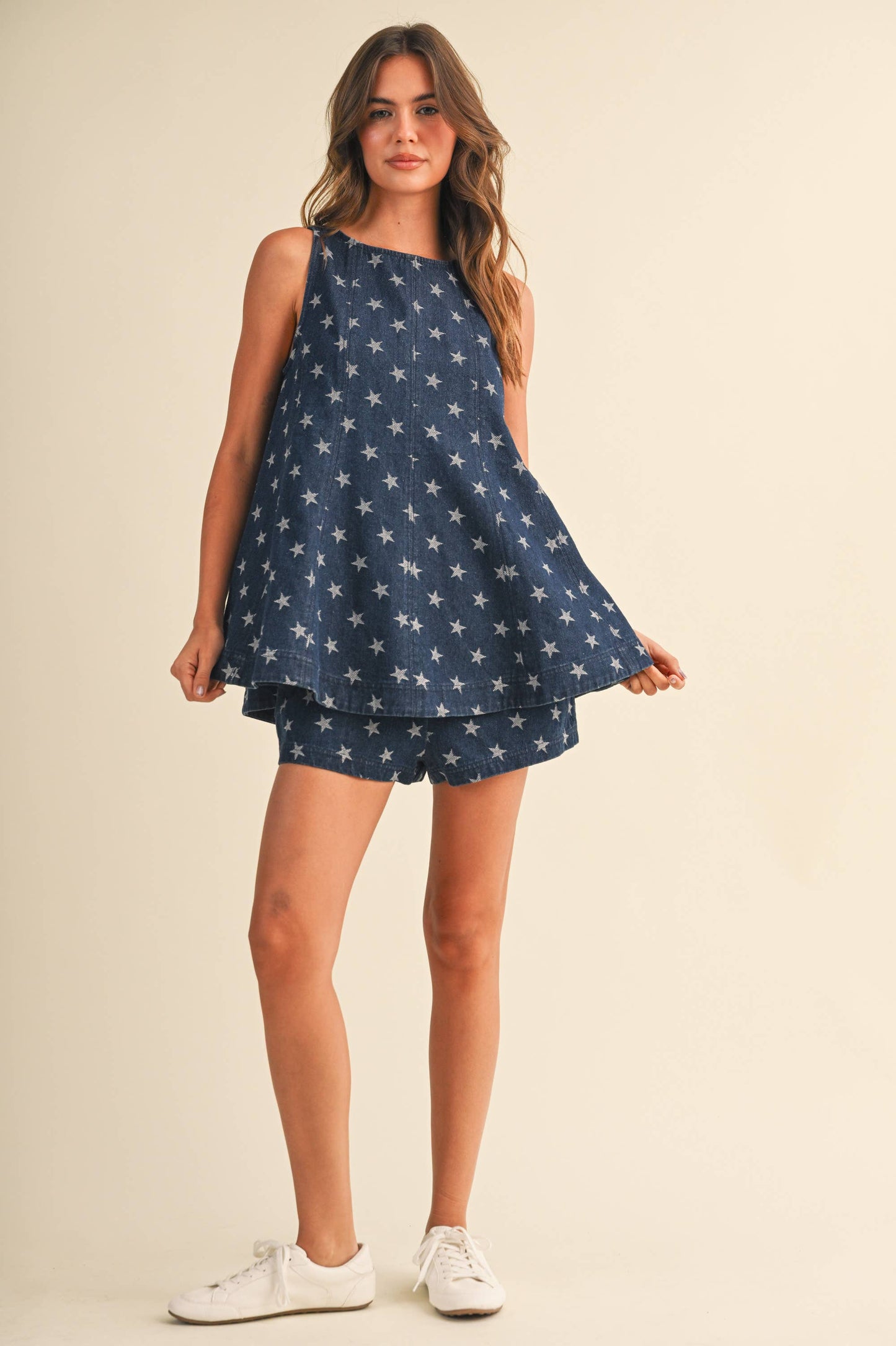 STAR DENIM TRAPEZ SLEEVELESS TOP AND SHORTS