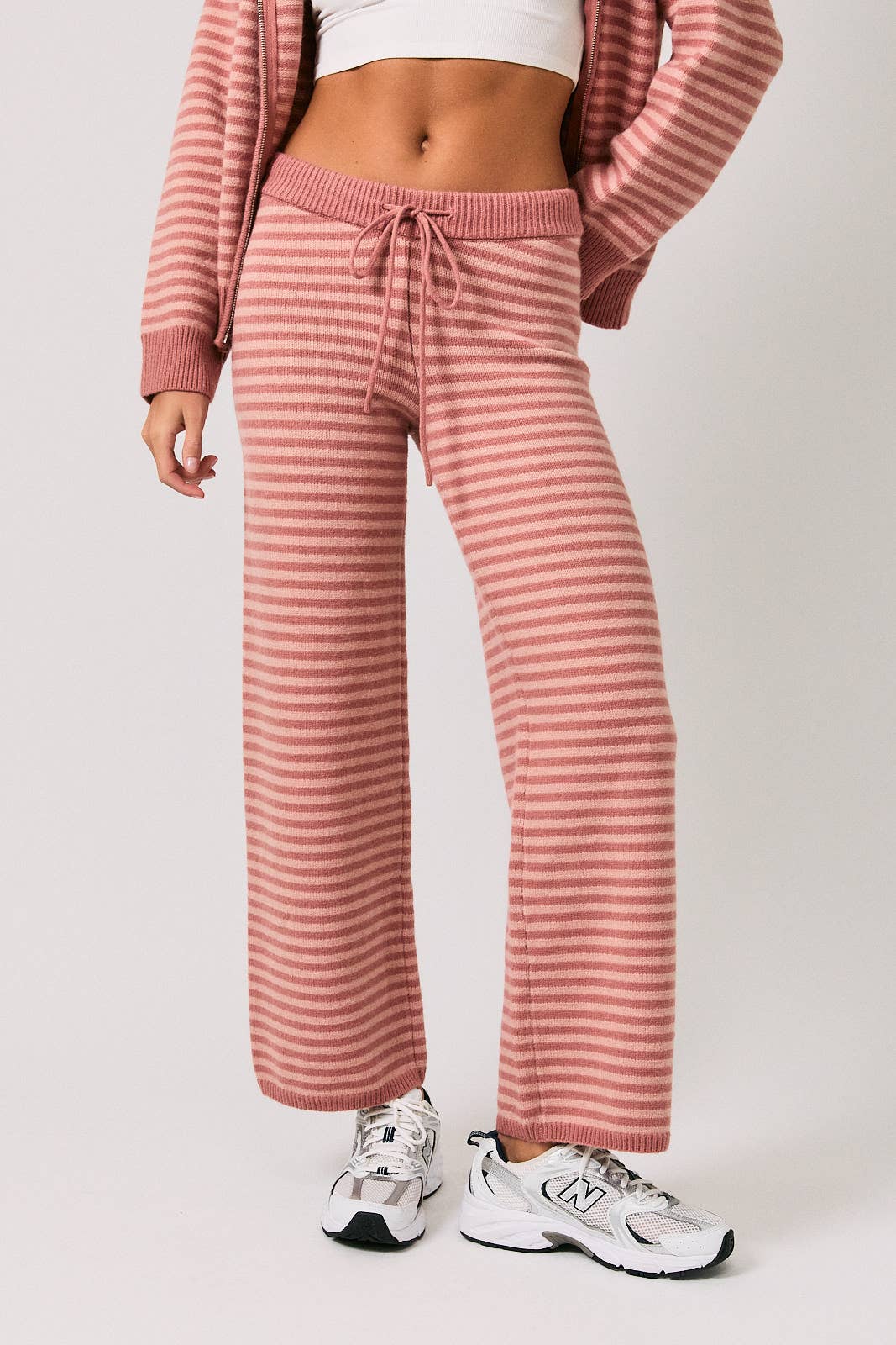 Striped Mid Rise Drawstring Sweater Wide Leg Pants