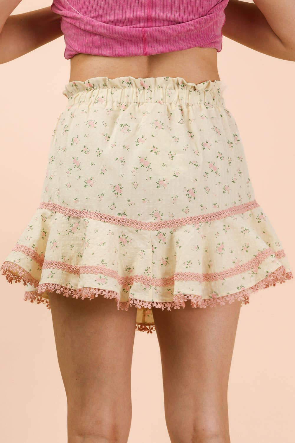 Floral Printed Ruffled Shorts W/ Crochet Trim