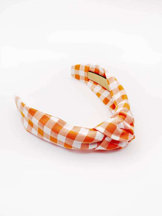 Orange Gingham Plaid Women's Knotted Headband, Modern Boho