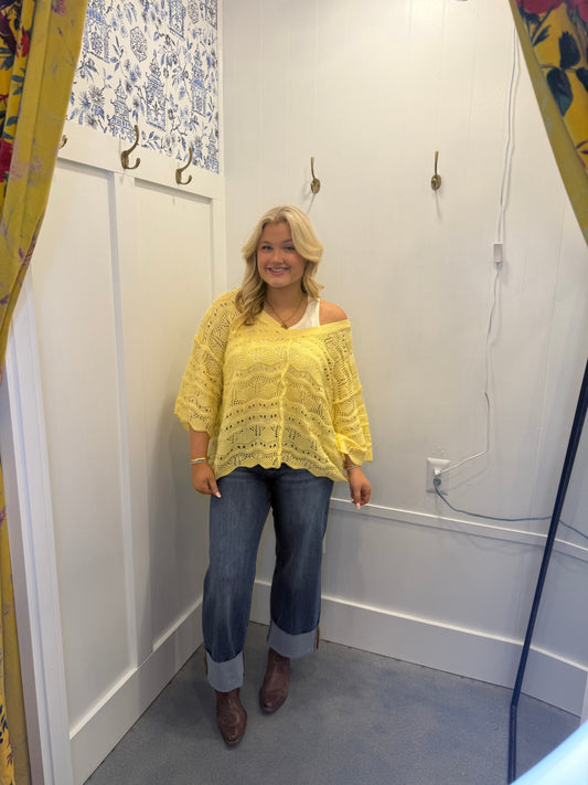 Open Knit V-Neck Oversized Short Sleeve Sweater Top