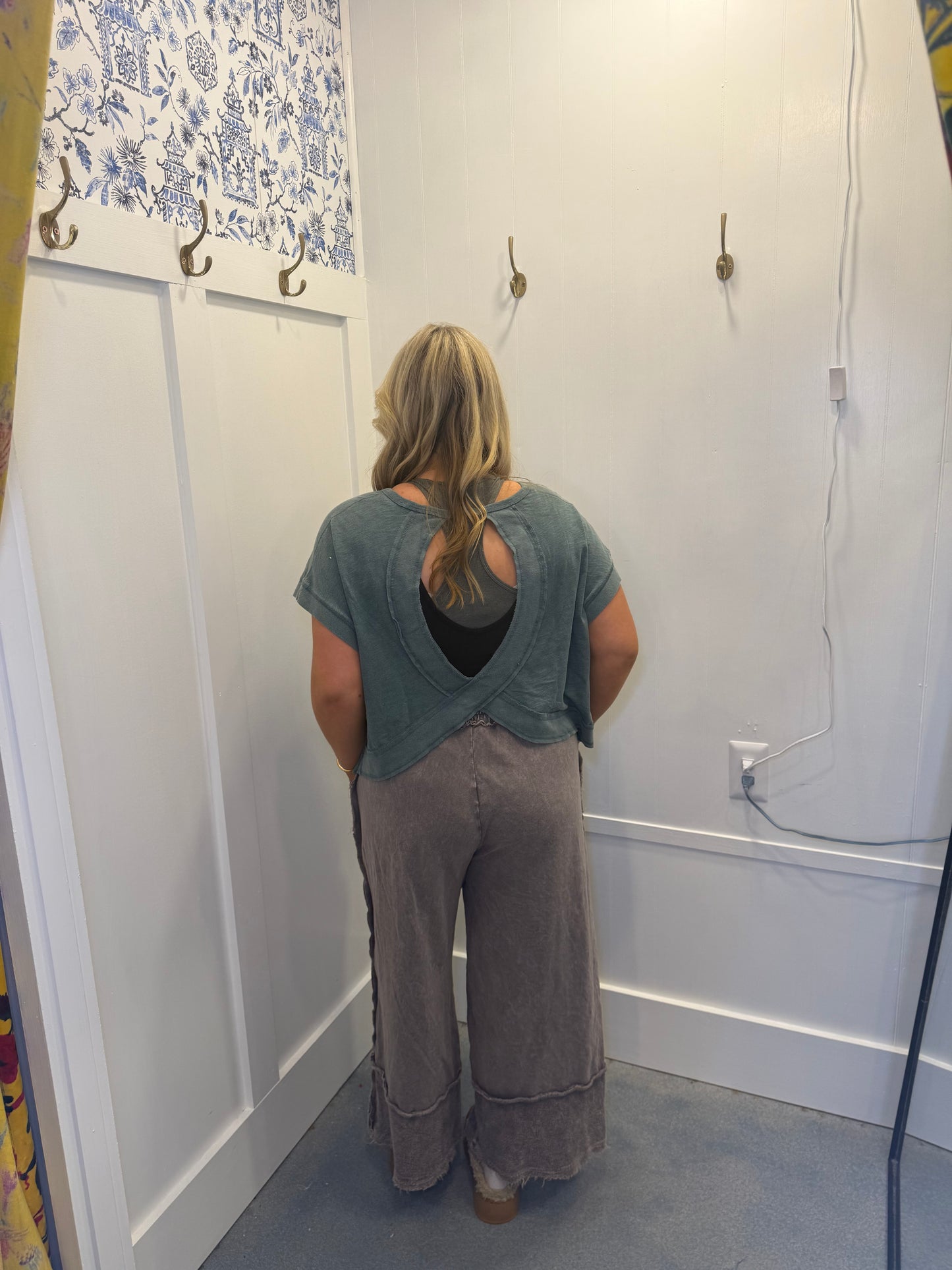 Acid Washed Cross Detail Open Back Top