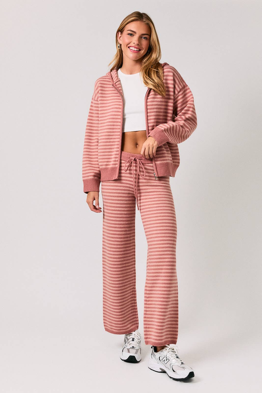 Striped Mid Rise Drawstring Sweater Wide Leg Pants