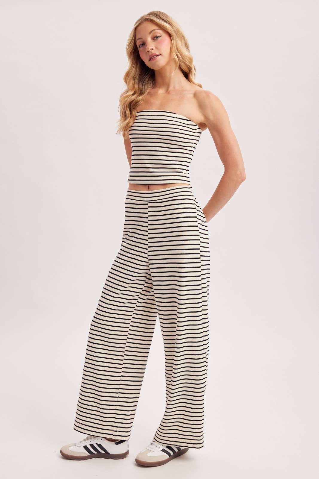 STRIPED KNIT TUBE AND WIDE PANTS SET (Sold as Separates)