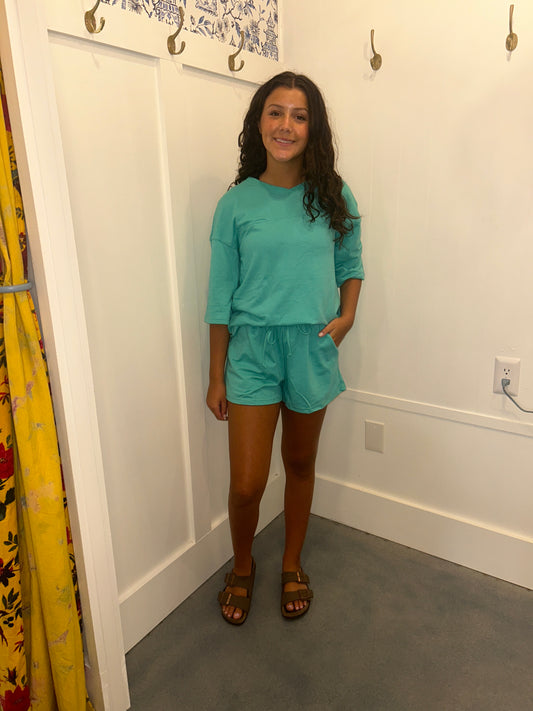 Solid Loose V Neck Half Sleeve Tee and Shorts (Sold as Separates)
