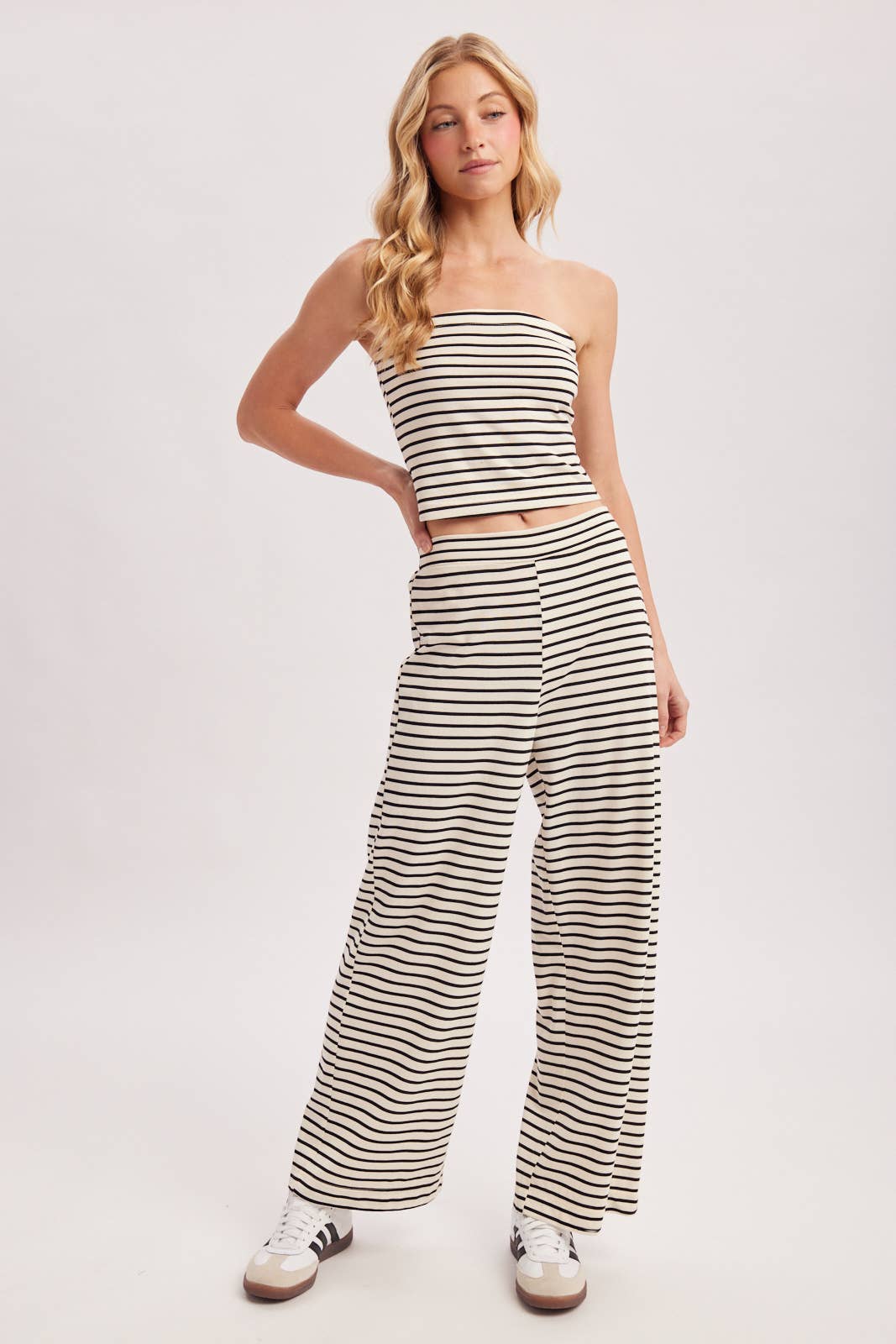 STRIPED KNIT TUBE AND WIDE PANTS SET (Sold as Separates)