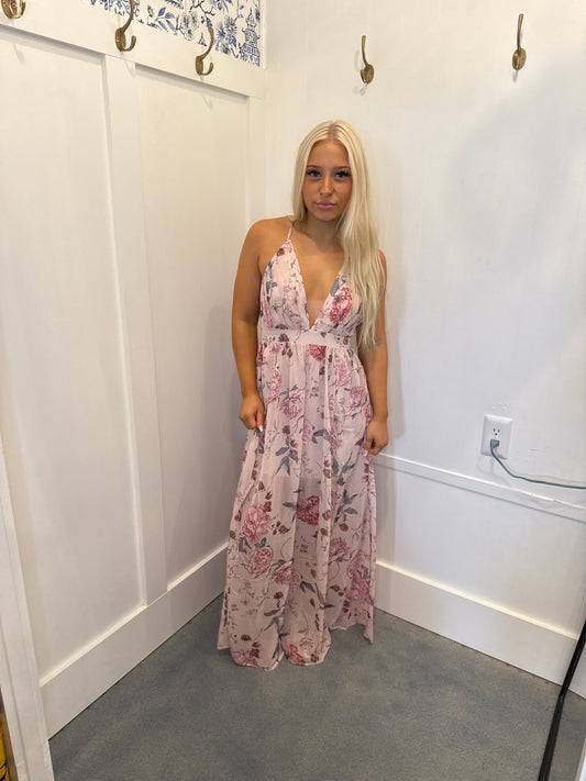 Floral Pleated Bust Deep V Empire Waist Backless Maxi Dress