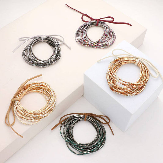 12PCS - Ribbon Pearl Rhinestone Layered Stretch Bracelets