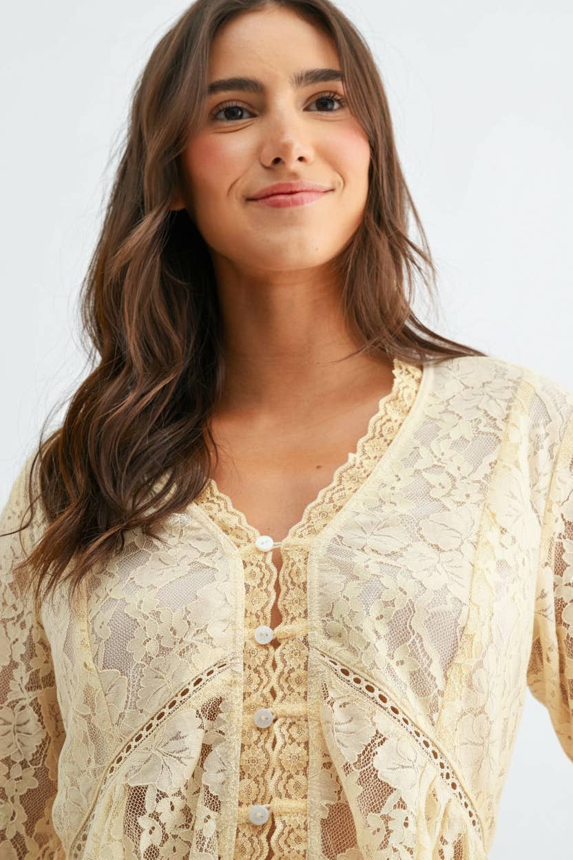 Lace Button-Down Blouse with Flared Sleeves