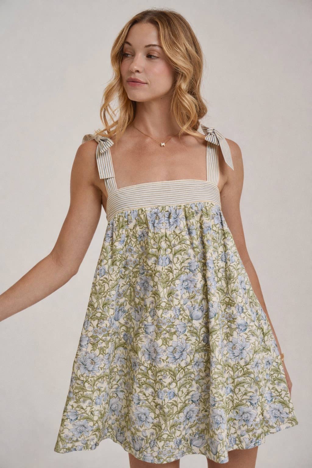 FLORAL BABYDOLL A LINE MINI DRESS WITH STRIPE TIE STRAP