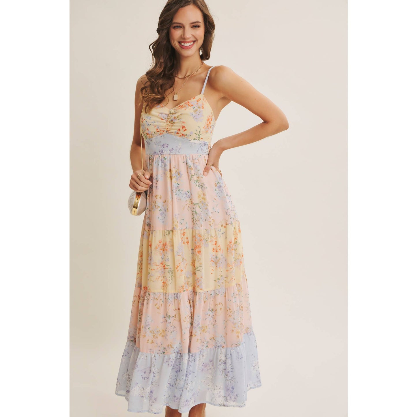 GARDEN PARTY PASTEL FLORAL COLORBLOCK SMOCKED MAXI DRESS