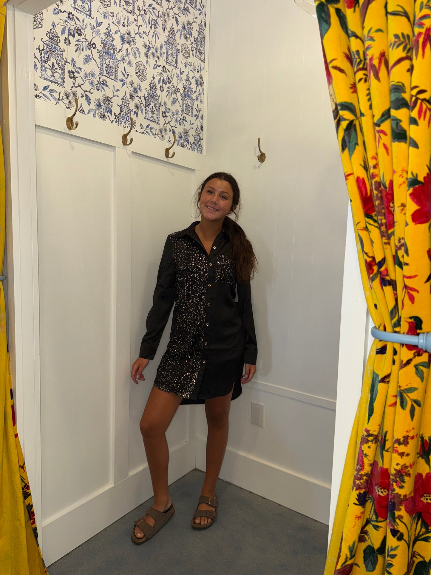 Sequin Splicing Pocket Buttoned Shirt Dress