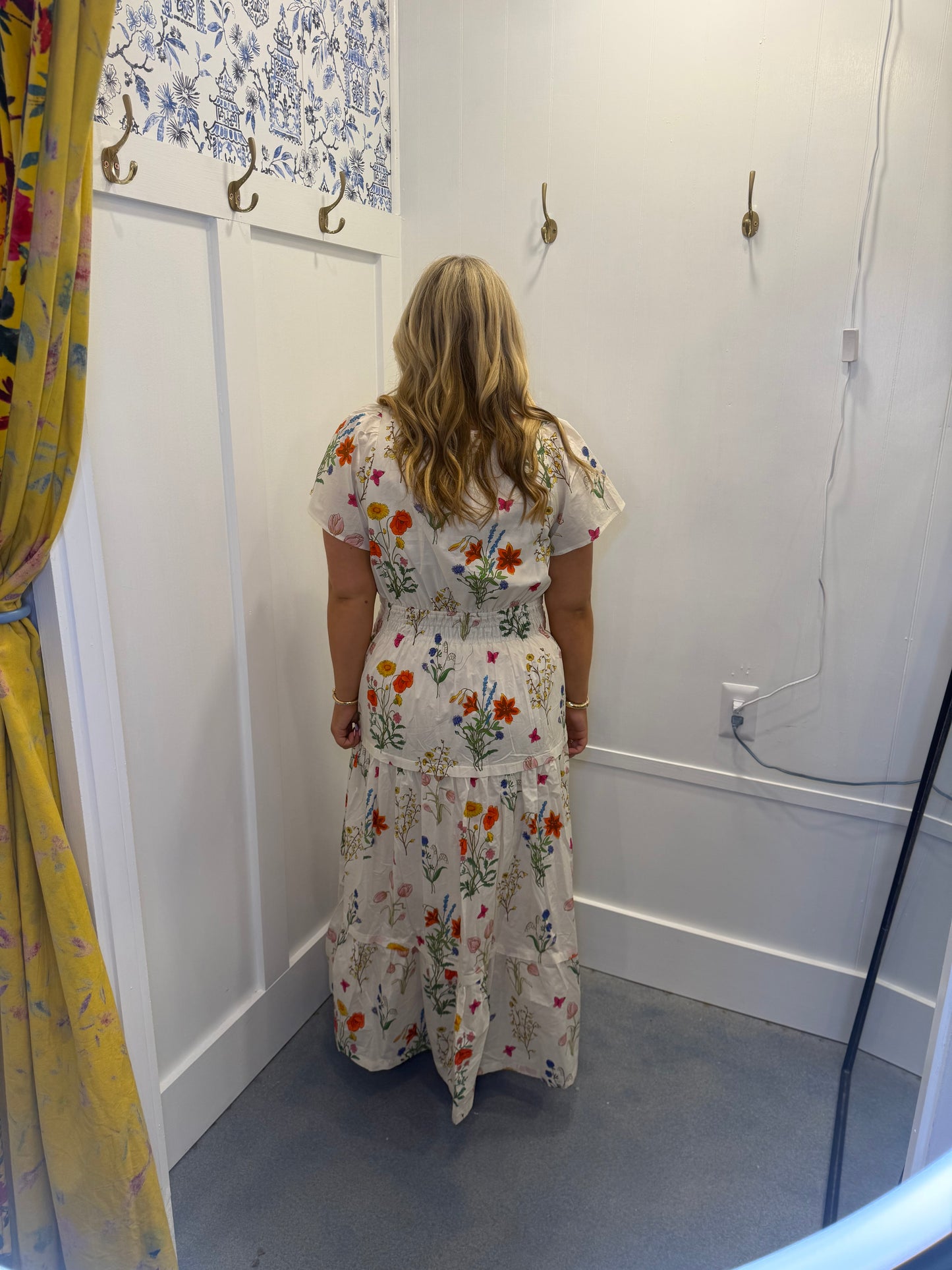 Floral Print Maxi Dress With Short Sleeves, Smocked Waist