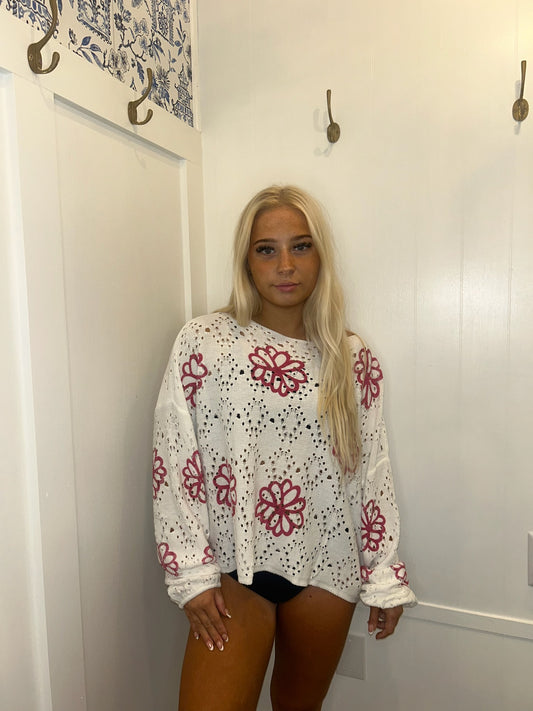 Contrast Flower Print Eyelet Drop Shoulder Sweater