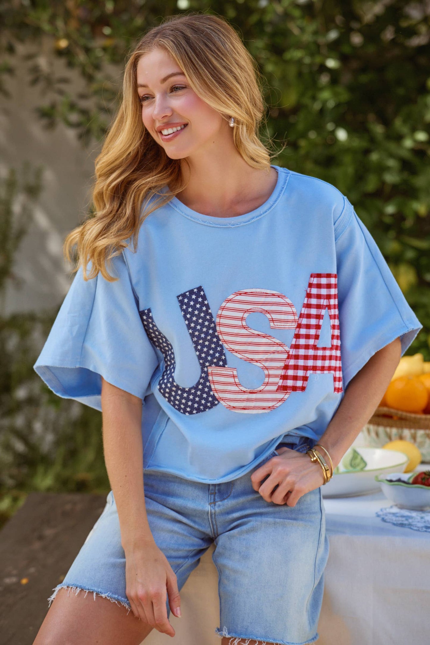 BIG USA LETTER PATCH OVERSIZED 4TH OF JULY KNIT TOP