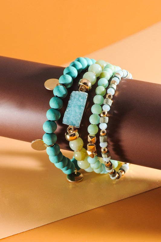 DRUZY WOOD NATURAL BEAD 4 ROW STRETCH BRACELET SET