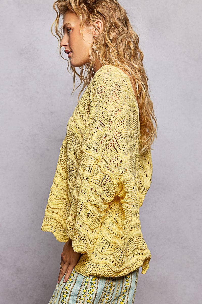Open Knit V-Neck Oversized Short Sleeve Sweater Top