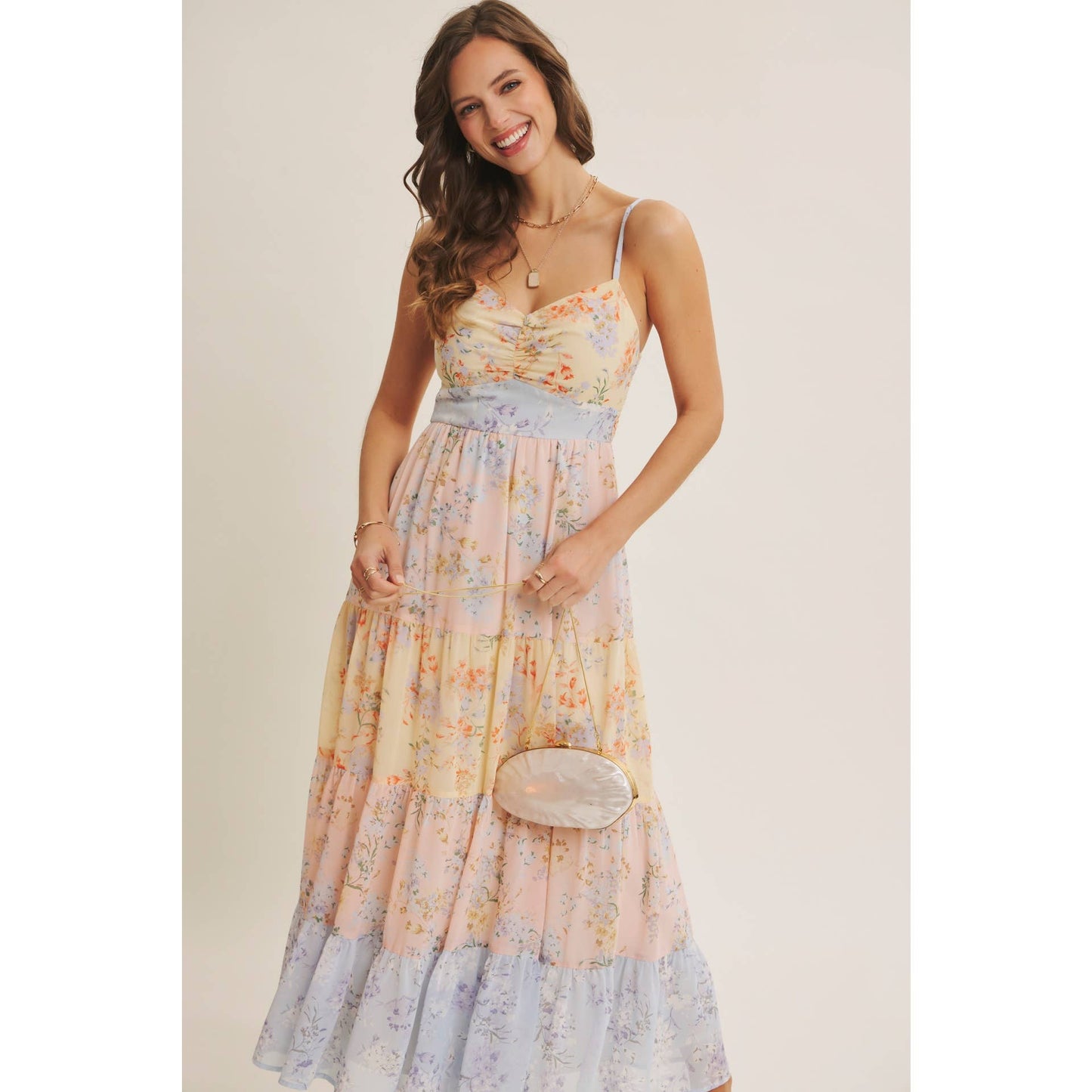 GARDEN PARTY PASTEL FLORAL COLORBLOCK SMOCKED MAXI DRESS