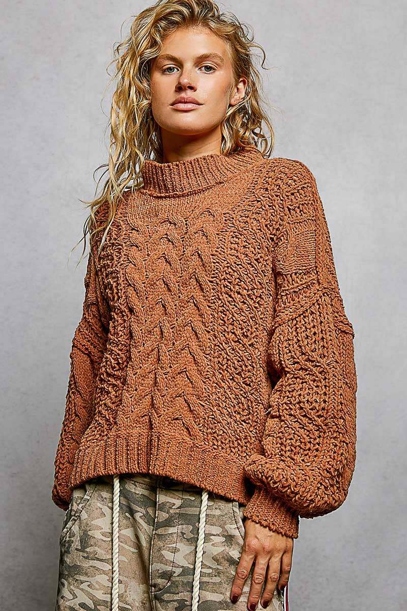 Mock Neck Balloon Sleeve Cable Knit Pullover Sweater
