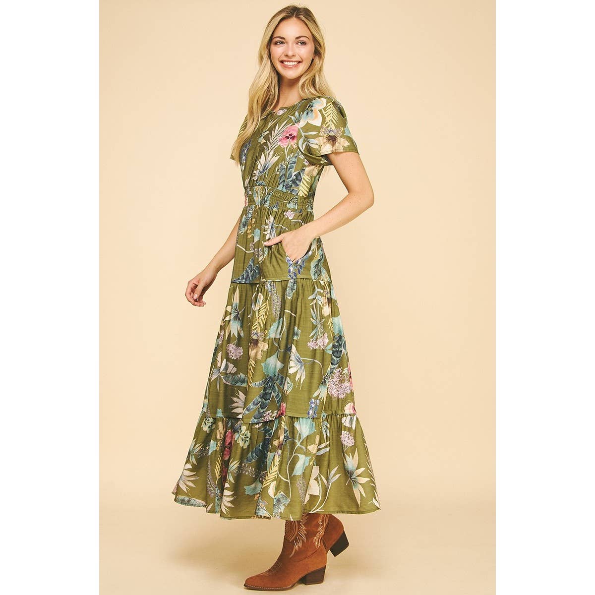 Floral Print Split Neck Tiered Maxi Dress