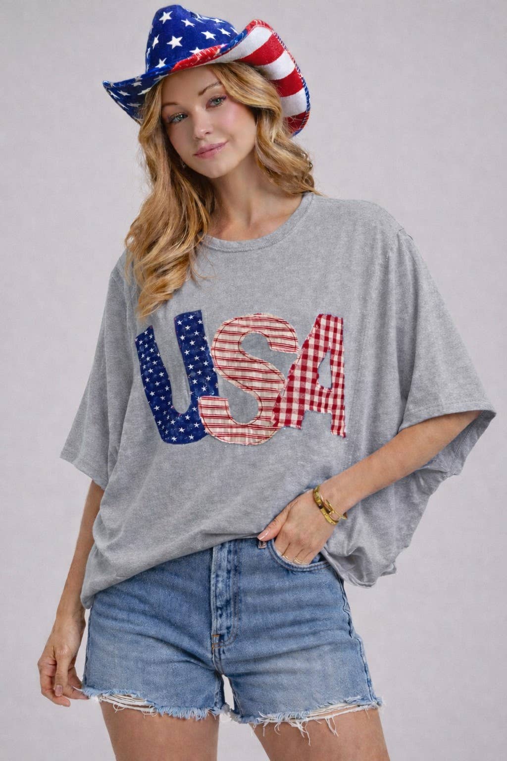 BIG USA LETTER PATCH OVERSIZED 4TH OF JULY KNIT TOP
