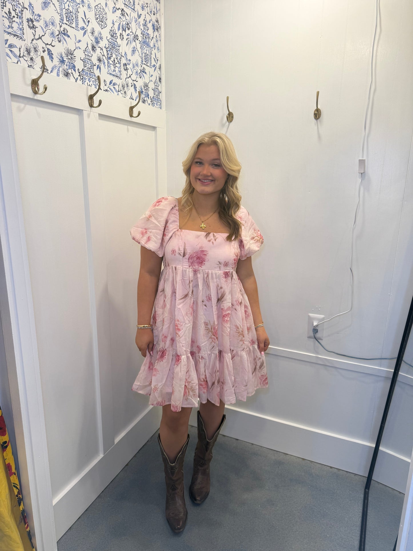 FLORAL SHORT BALLOON SLEEVE RUFFLED MINI DRESS