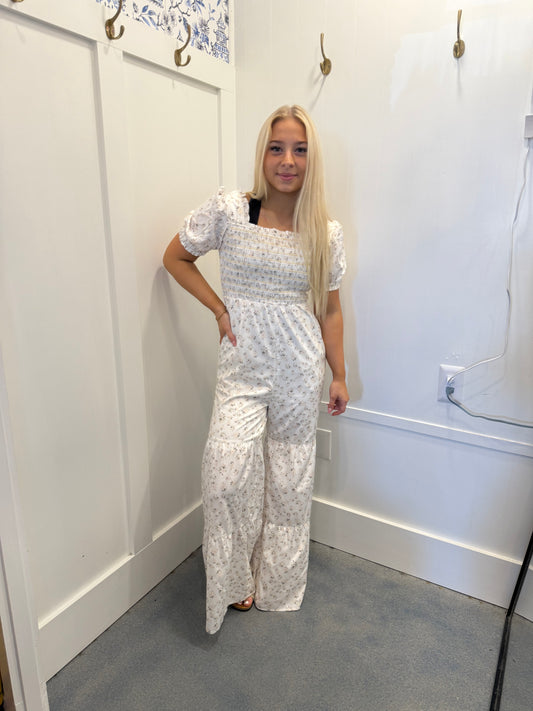 Boho Floral Smocked Wide Leg Short Puff Sleeve Jumpsuit