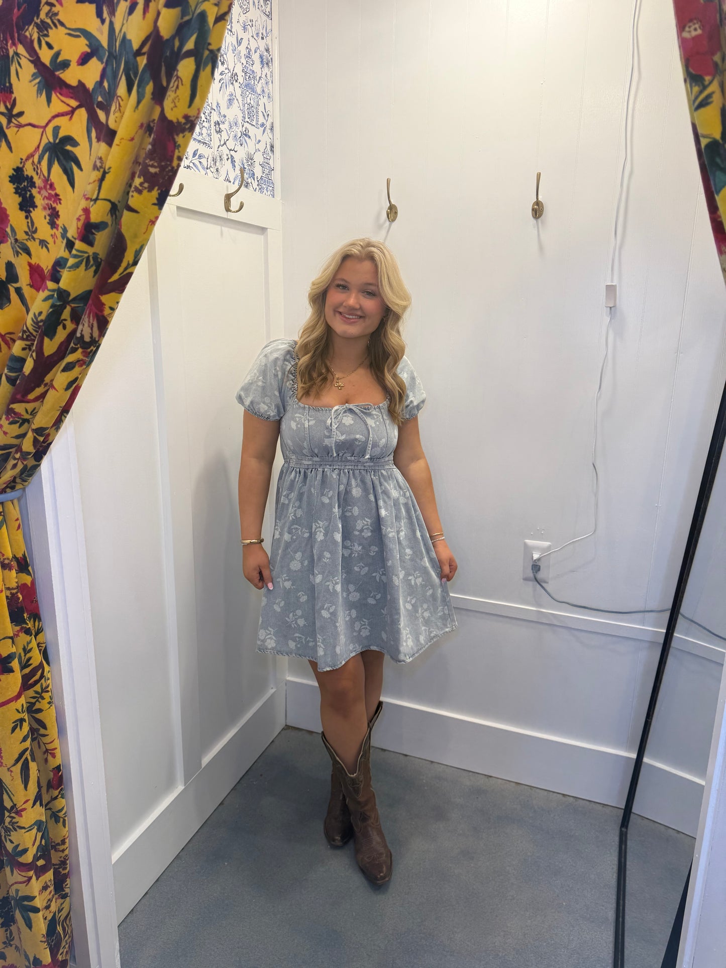 FLORAL WASHED DENIM SHORT PUFF SLEEVE MINI DRESS