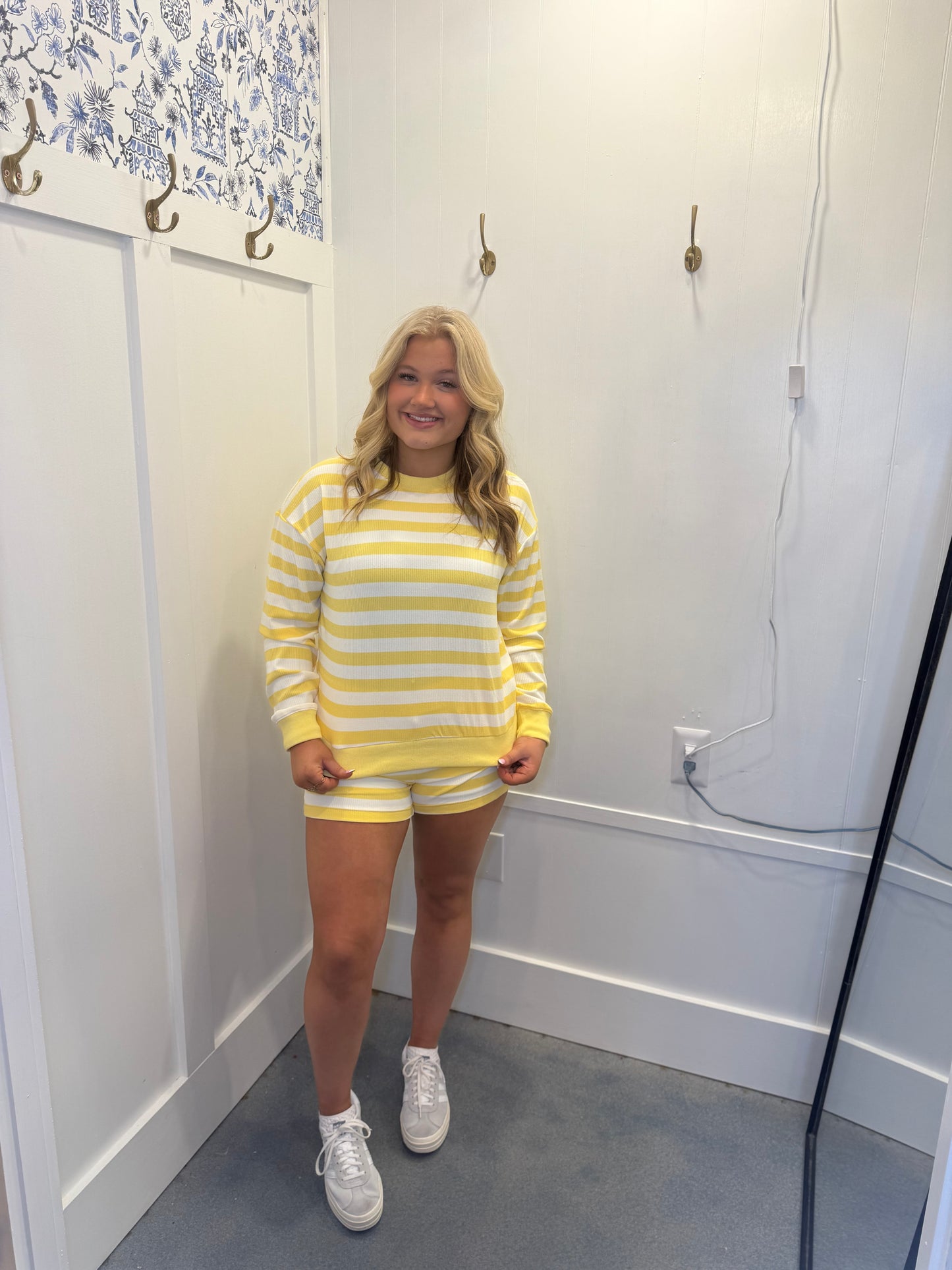 Cozy Two-Piece Lounge Set - Yellow & White Horizontal Stripes