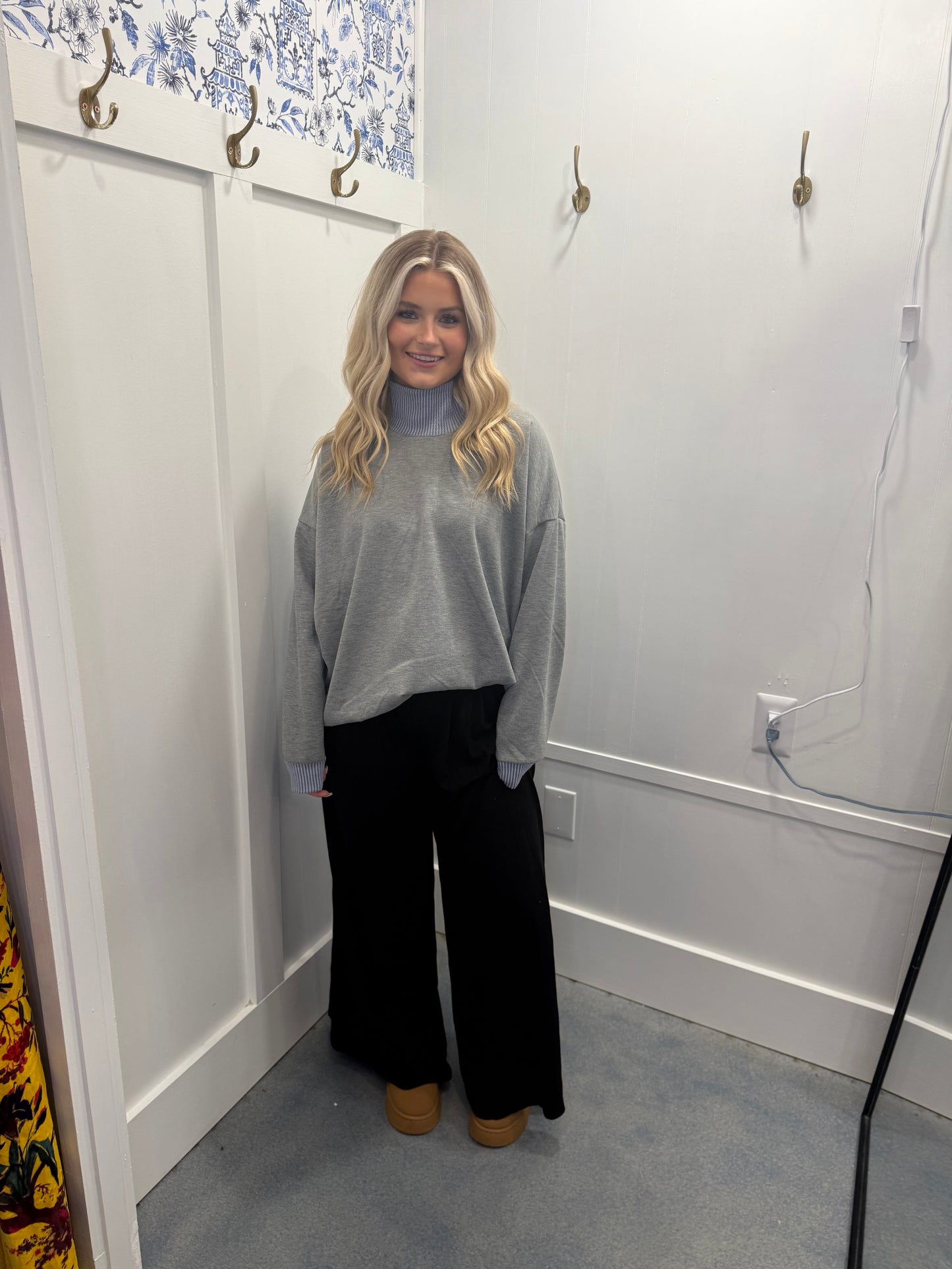 MOCK NECK SWEATSHIRT WITH COLLAR SLIT DETAIL