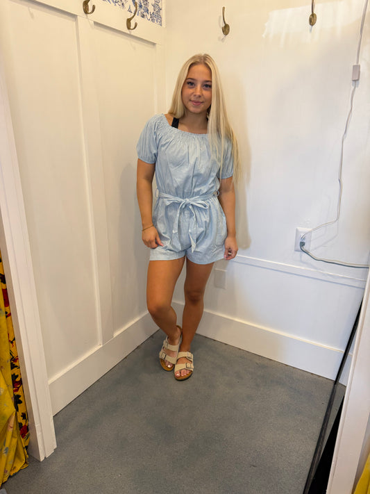 Denim Pin-striped Off Shoulder Romper