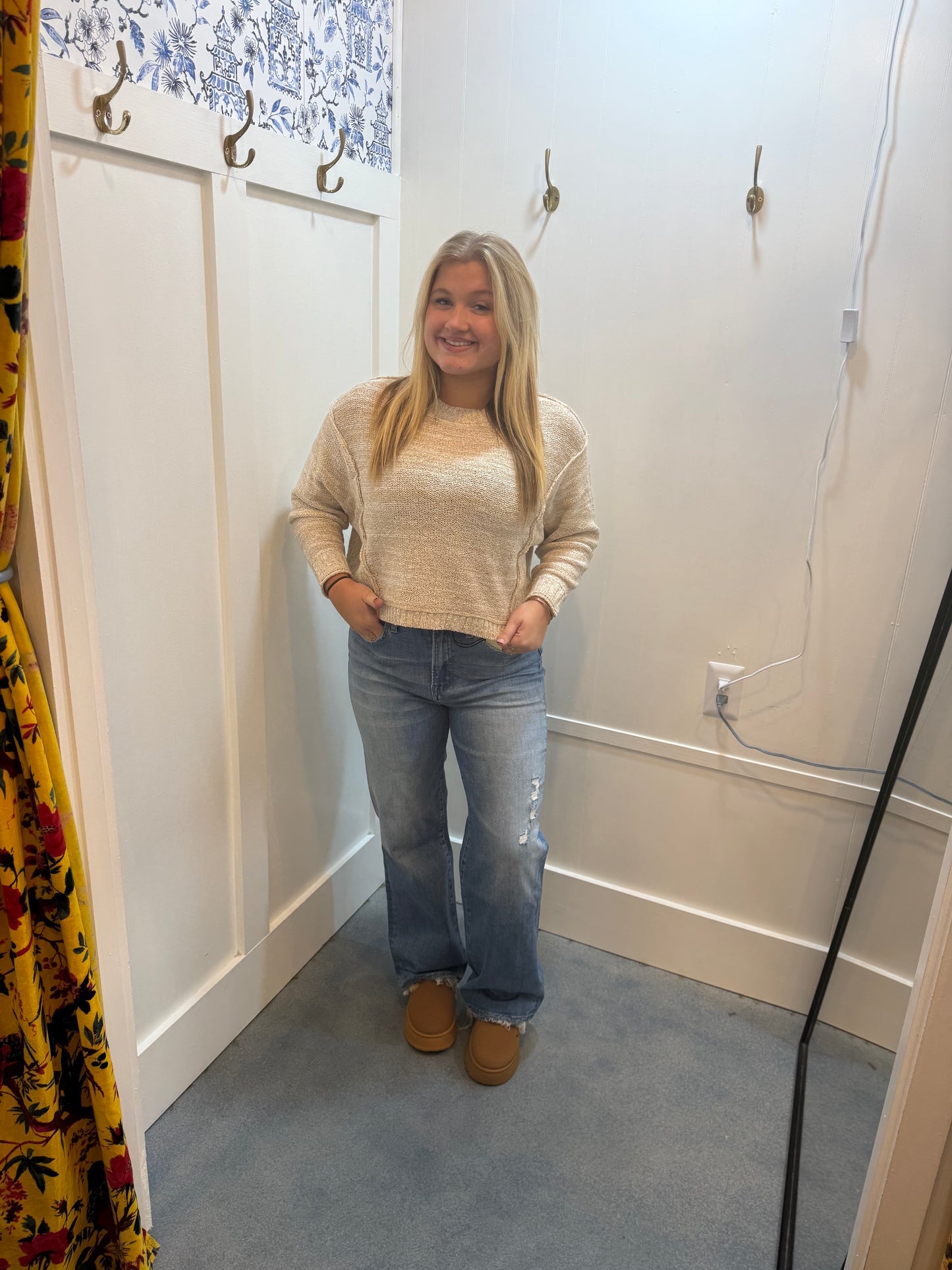 EXPOSED SEAM DROP SHOULDER PULLOVER SWEATER