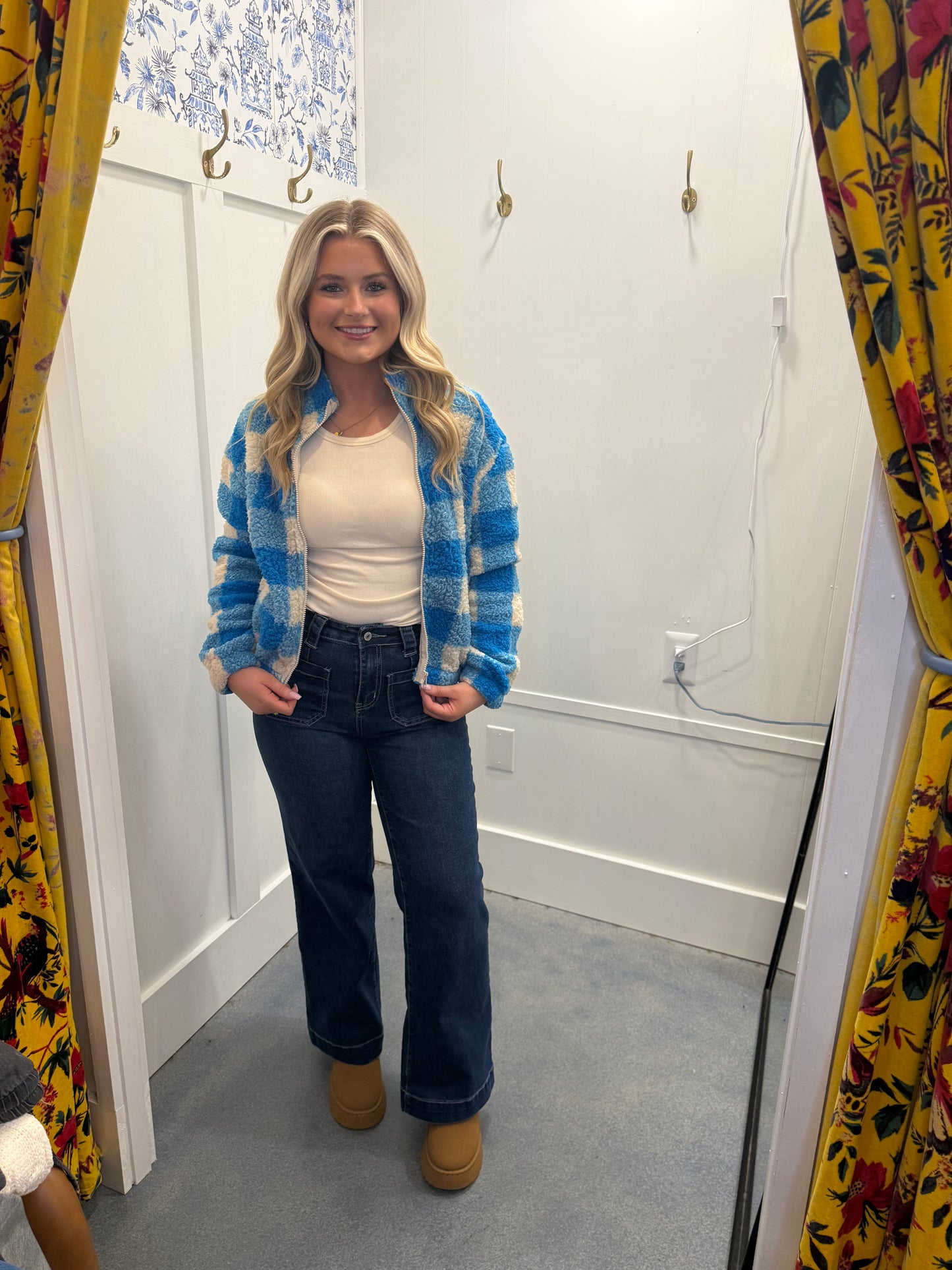 Long Sleeve Mock Neck Argyle Print Faux Fur Jacket