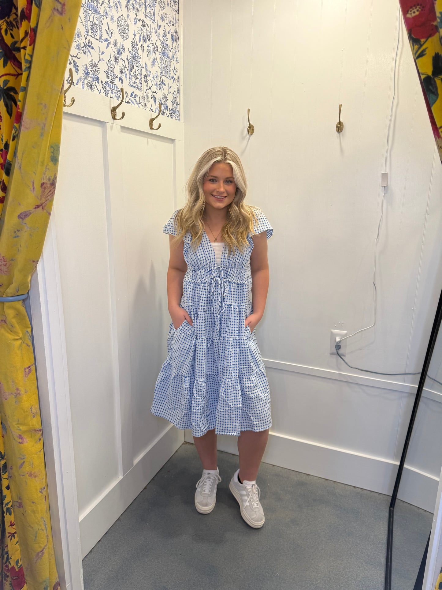 JACQUARD V-NECK FLUTTER SHORT SLEEVE TIERED DRESS