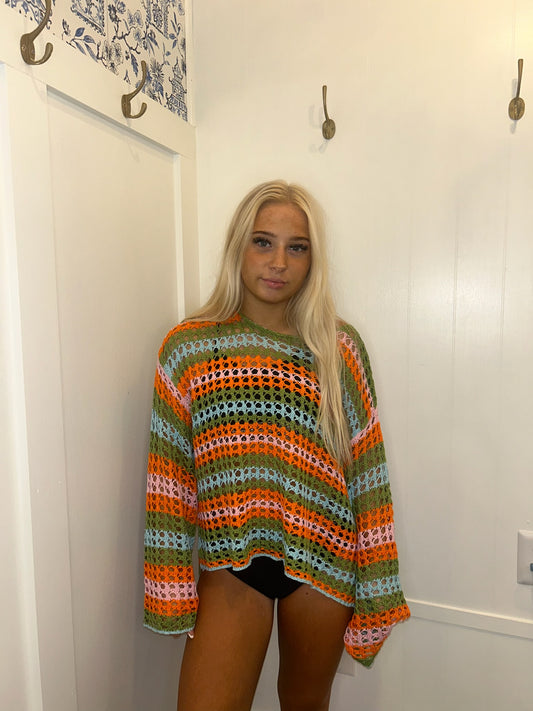 Multi Stripe Open Knit Sweater Beach Cover Up