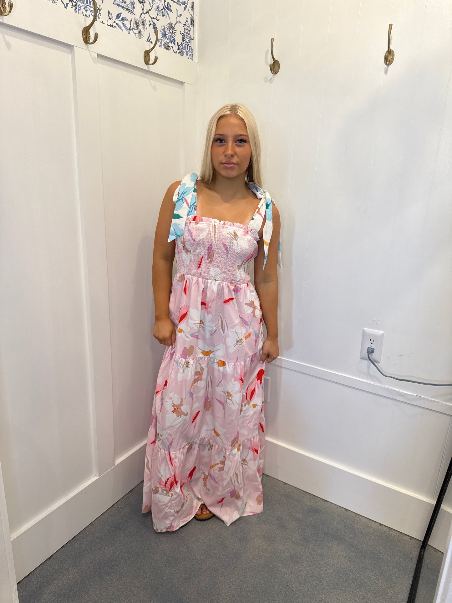 Floral Print Knotted Shoulder Smocked Maxi Dress