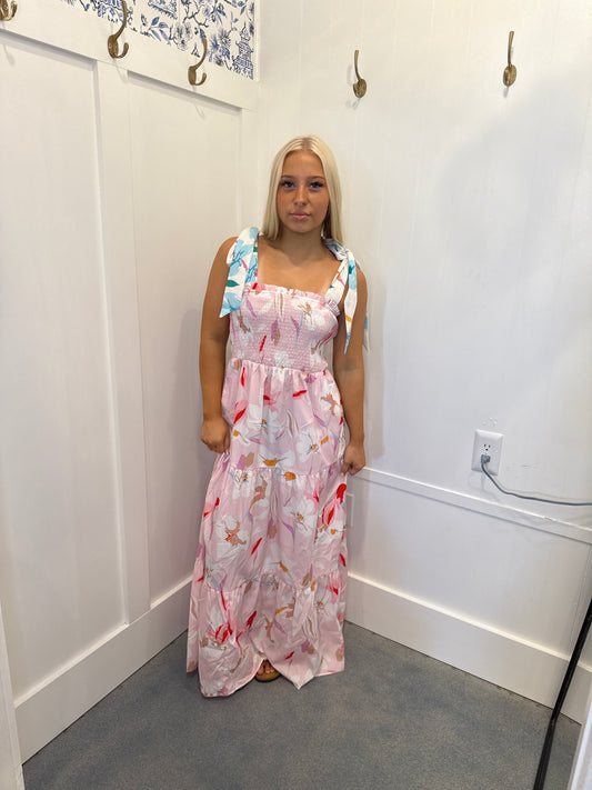 Floral Print Knotted Shoulder Smocked Maxi Dress