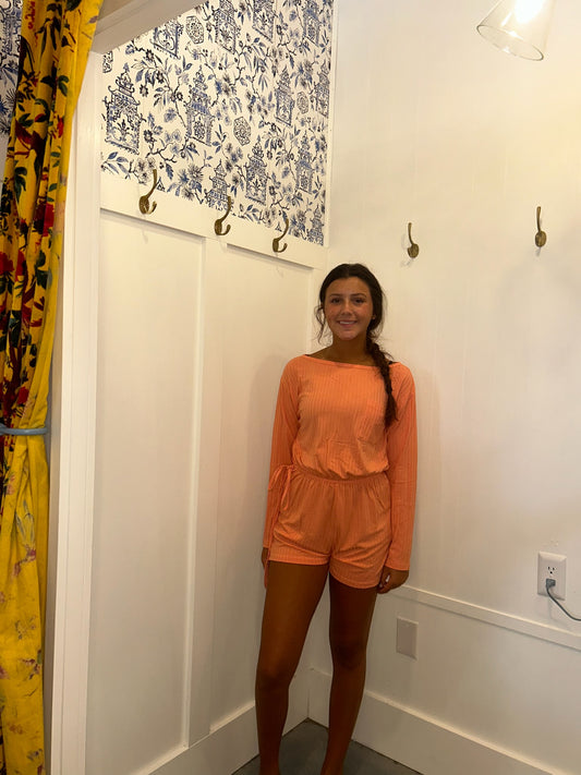 Ribbed Drawstring Waist Long Sleeve Romper