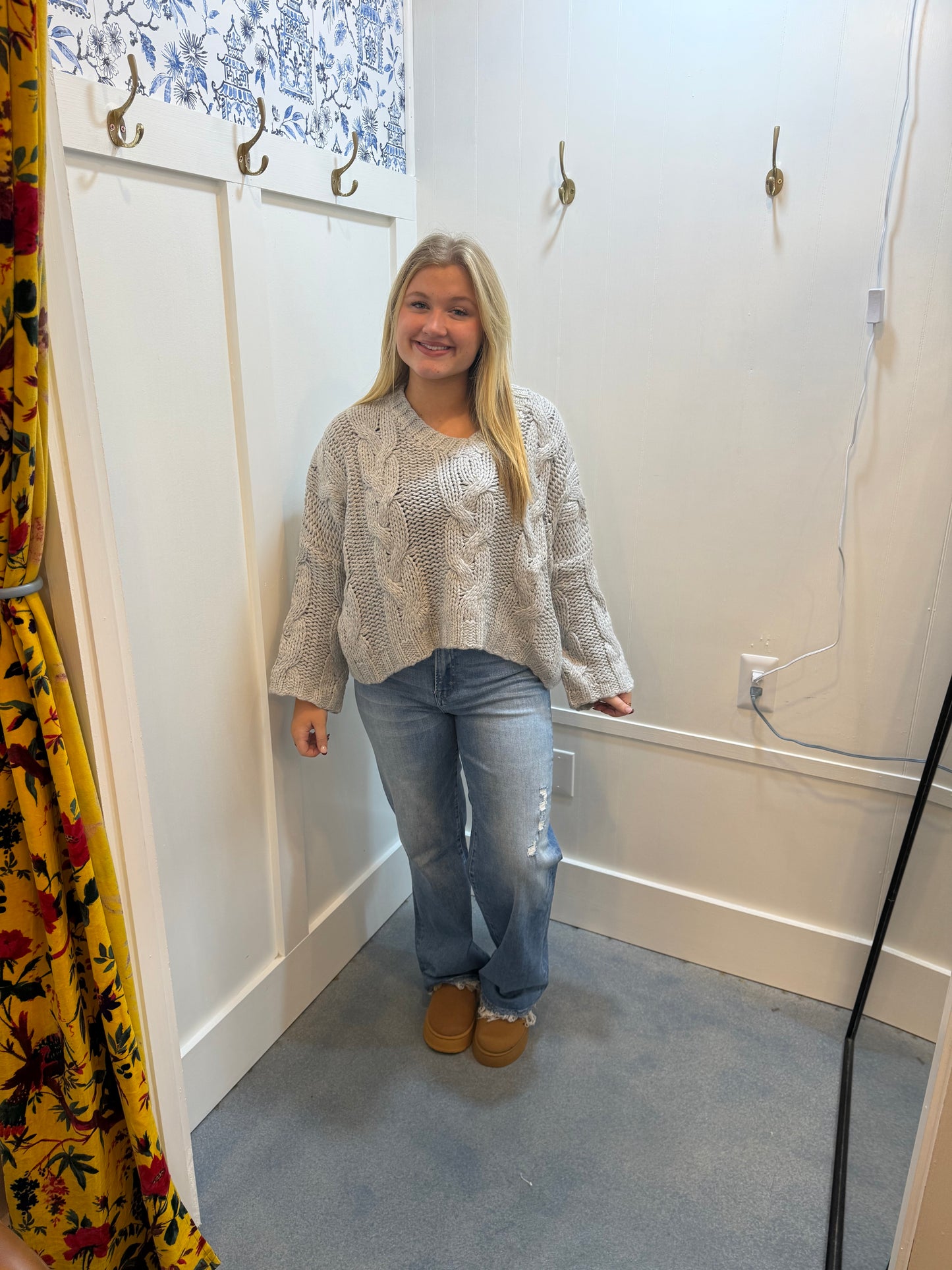 V Neck Cable Knit Oversized Sweater