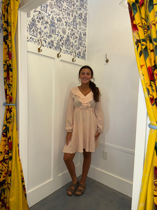 Textured Ruffled V Neck High Waist Mini Dress