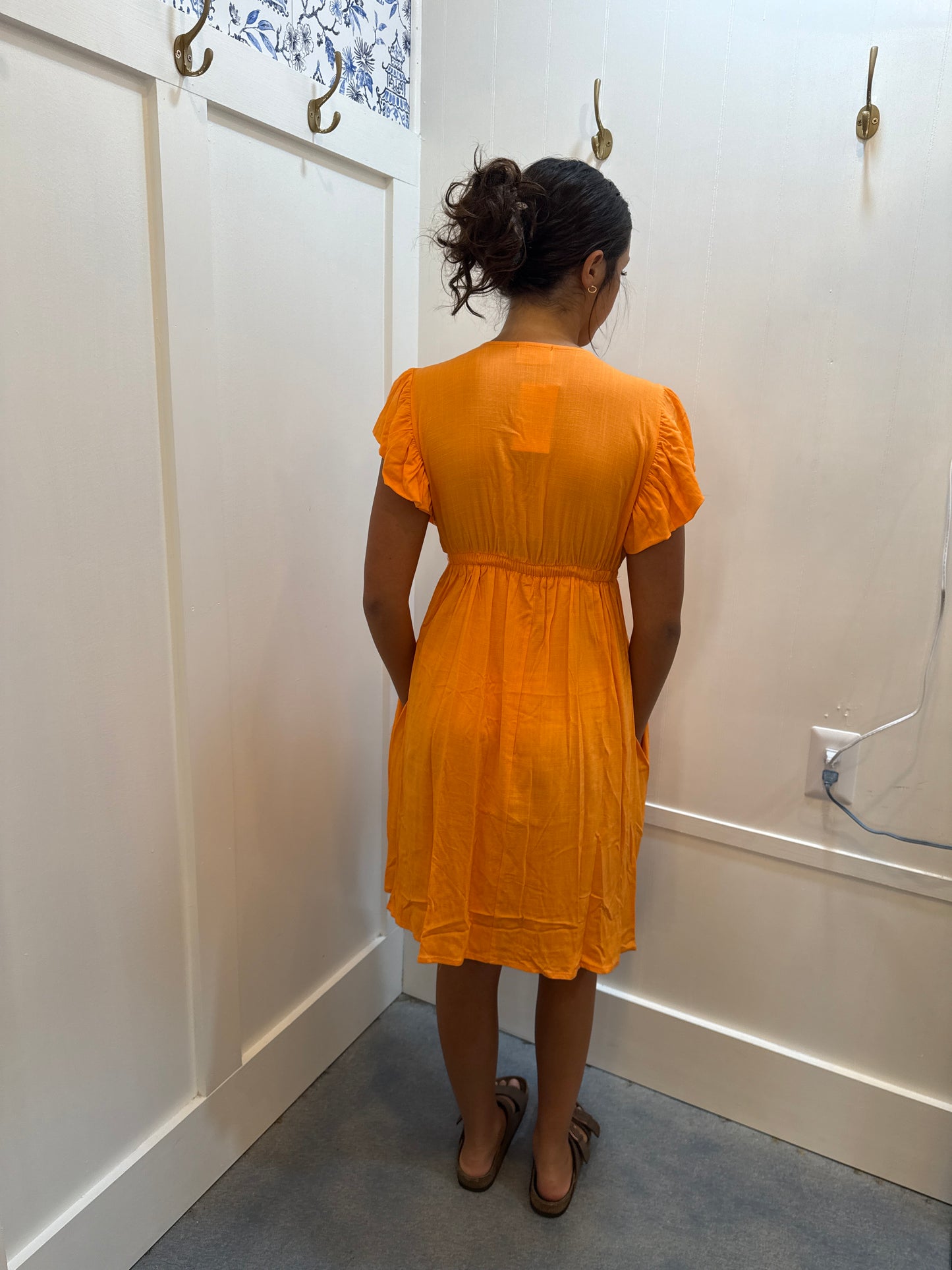 GAME DAY GATHERED BAND V NECK BABYDOLL SOLID WOVEN DRESS