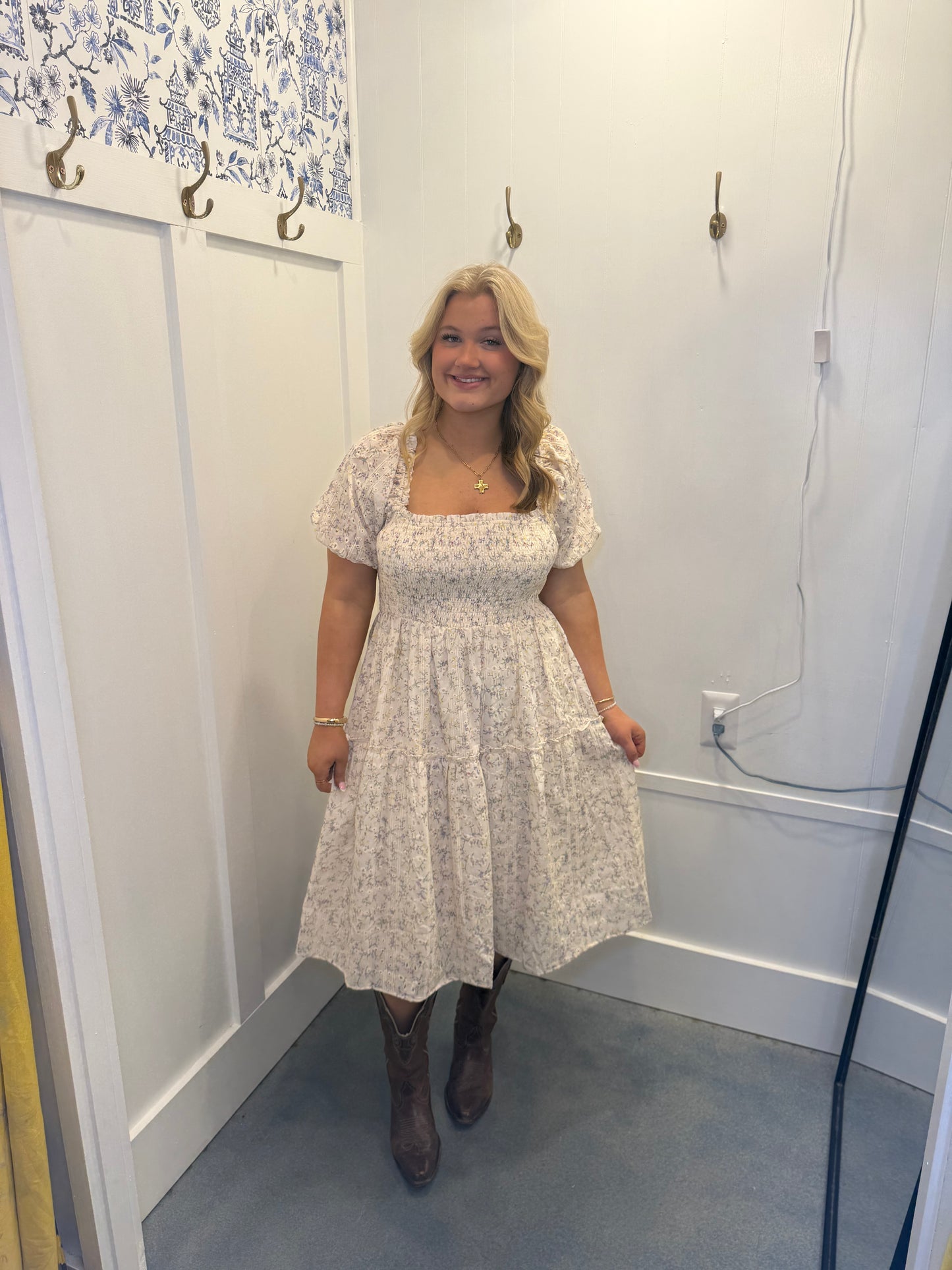 DITZY PRINT HALF SLEEVE SMOCKING DETAIL MIDI DRESS