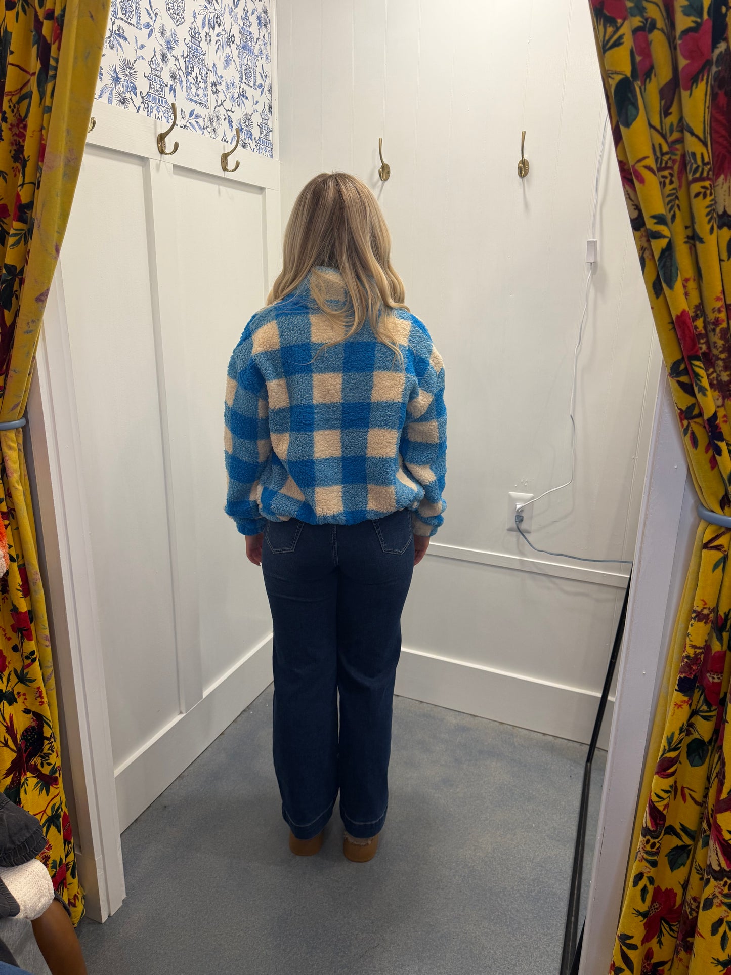 Long Sleeve Mock Neck Argyle Print Faux Fur Jacket