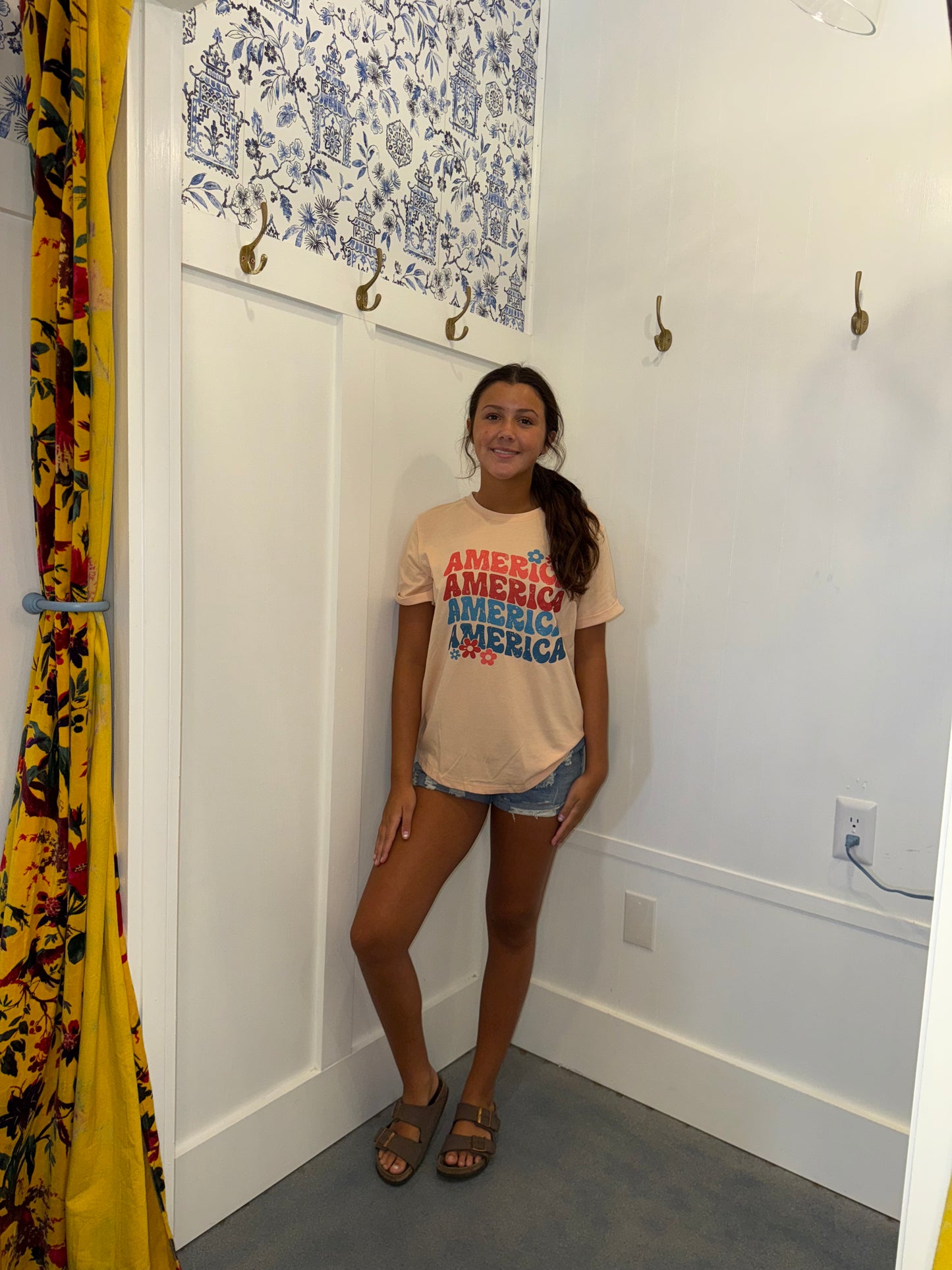 AMERICA Letter Floral Print T Shirt