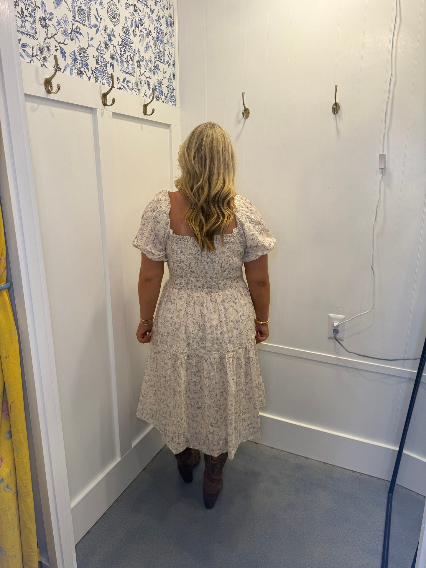 DITZY PRINT HALF SLEEVE SMOCKING DETAIL MIDI DRESS