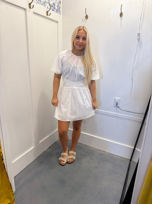 Puff Sleeve Back Ribbon Cut-Out Waist Solid Dress
