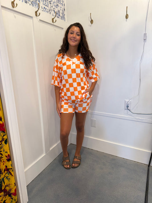 Checkboard Print V Neck Loose Tee and Shorts Lounge Set (Sold as Separates)