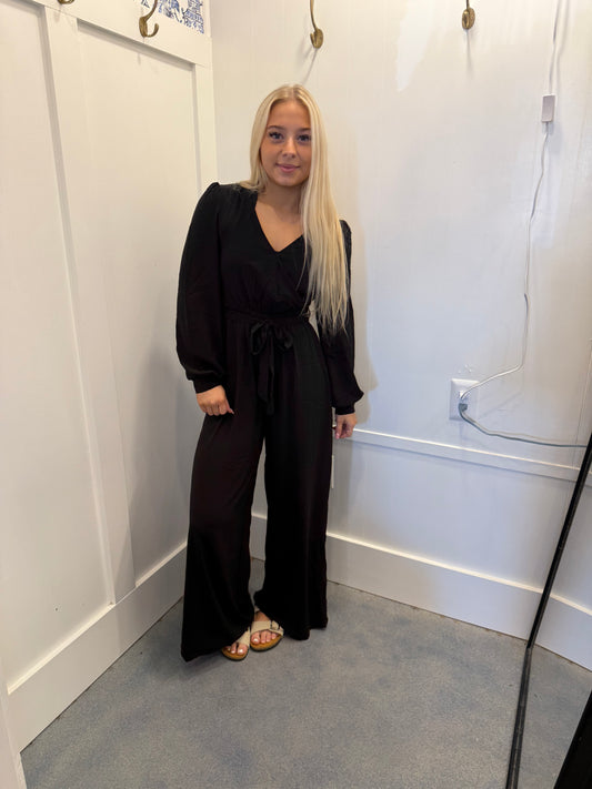 Cutout Back Belted V Neck Wide Leg Jumpsuit