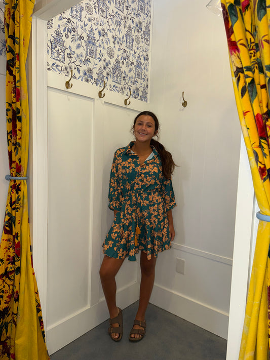 Floral Print Drawstring Tunic Flowy Short Dress